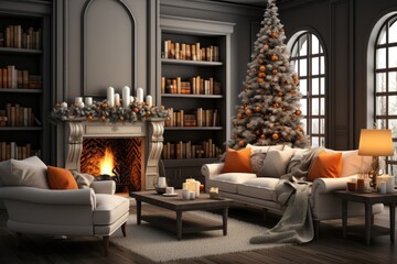 In a living room with a large Christmas tree and a fireplace, the decor radiates warmth and holiday spirit, offering a cozy and inviting atmosphere. Photorealistic illustration