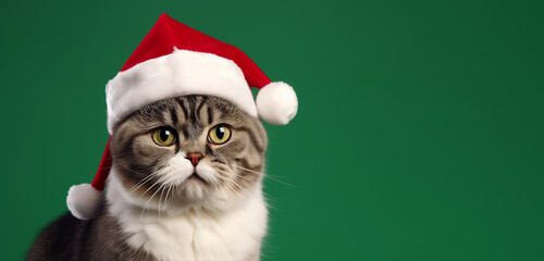 cat christmas background in green and red christmas background. generative ai