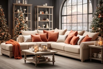 In a living room, a collection of small Christmas trees and a comfortable off-white sofa combine to create a cozy and inviting holiday setting. Photorealistic illustration