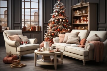 In a living room with gray interior, a Christmas tree stands as a festive centerpiece, offering a stylish and harmonious holiday decor. Photorealistic illustration