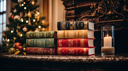 Festive Fireplace with Holiday Books - obrazy, fototapety, plakaty