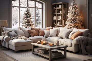 In a welcoming living room, multiple Christmas trees are set up, and a snowy forest view outside enhances the inviting and wintry atmosphere. Photorealistic illustration