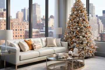 In a high-rise building's lounge, a Christmas tree stands alongside a city view, merging urban sophistication with holiday festivity. Photorealistic illustration