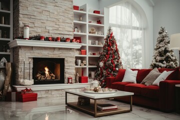 Fototapeta na wymiar In a white living room with a cozy fireplace, two Christmas trees are set up, and a red sofa adds a vibrant contrast, creating a festive and inviting holiday decor. Photorealistic illustration