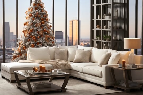 In a living room situated in a high-rise apartment, a Christmas tree is elegantly displayed, creating a harmonious blend of modernity and holiday festivity. Photorealistic illustration