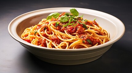 Delicious classic of pasta and spaghetti with tomato sauce in a plate on a dark table. Generative Ai 