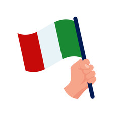 Italy flag holding in hand, isolated on white background. Close up waving flag of Italy. Vector illustration flat design. Isolated on white background.