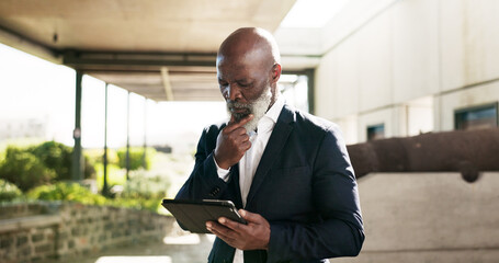 Outdoor, corporate and senior man with a tablet, thinking or doubt with data analysis, investment...