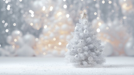 christmas background focused on christmas tree on the white and gold beautiful bokeh background. Generative ai