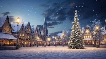 Deurstickers A Snowy Town Square Scene: Towering Christmas Tree with Festive Ornaments and Twinkling Lights © javier