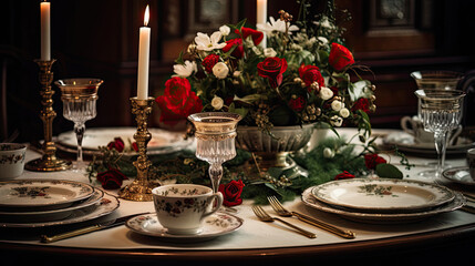 A Holiday Feast: Beautifully Set Table with Fine China Crystal Glasses and Fresh Winter Greenery