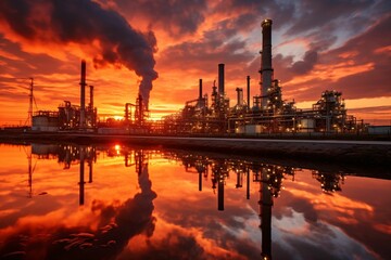 Fototapeta premium an oil refinery against a backdrop of a fiery sunset, with reflection pools capturing the shimmering silhouette of the facility and glowing skies