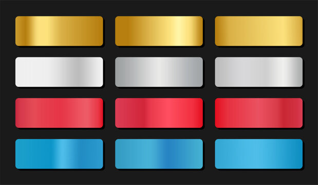 Vector collection of silver, chrome, gold, blue and red metallic gradient.