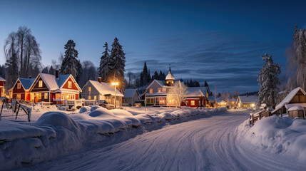 Snowy village charming cottages Christmas tree