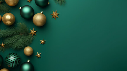 Christmas ornament lay top on green and gold background. Generative ai