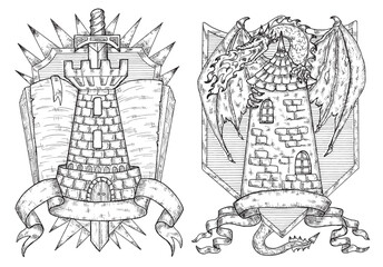 Design set with black and white coat of arms with dragon, book and tower. Vector hand drawn heraldry, heraldic decorative emblem, vintage illustration with historical symbols.