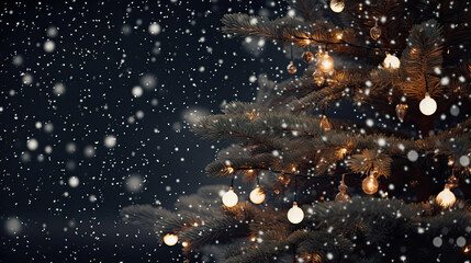 Starry night through Christmas tree branches snowflakes