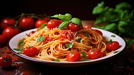 Delicious classic of pasta and spaghetti with tomato sauce in a plate on a dark table. Generative Ai  - Powered by Adobe