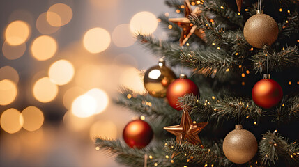 Obraz na płótnie Canvas Decorated Christmas Tree with Ornaments and Lights