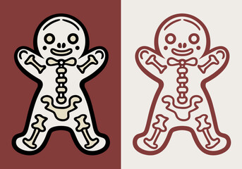 Skeleton gingerbread man illustration for gothic Christmas decorations. Creepy cookie fun holiday food ideas. Minimalist vector illustration for printable products. Creepmas and Hallowdays card.