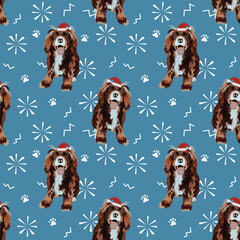 Сocker spaniel Breed. Merry Christmas seamless pattern with dogs in hats and paws, holiday texture. Square format, poster, packaging, textile, wrapping paper. Trendy hand-drawn winter design.