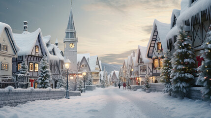 Charming Village with Glowing Windows in Snow - obrazy, fototapety, plakaty