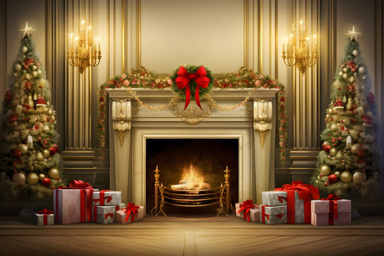 A Fireplace Background Adorned with a Decorated Mantel, Candles on Either Side, Presents, and a Festive Wreath on the Wall Behind. The Room is Decked Out for a Christmas Celebration