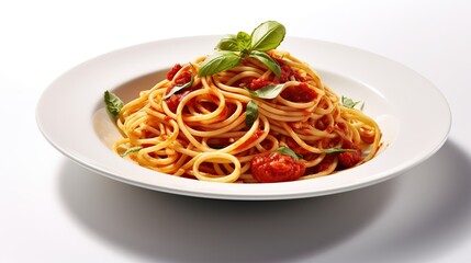 Delicious classic of pasta and spaghetti with tomato sauce in a plate on a white background. Generative Ai 