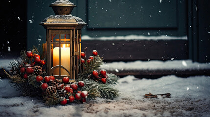 Lantern adorned with greenery on a snowy doorstep