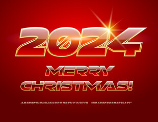 Vector elite Greeting Card Merry Christmas 2024! Futuristic Red and Gold Font. Glossy set of Alphabet Letters, Numbers and Symbols