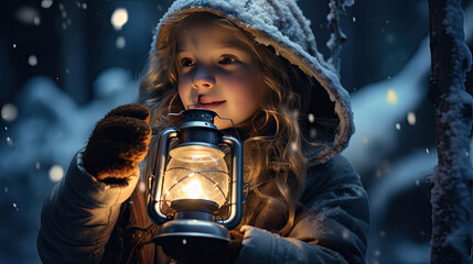 Holiday Forest Wonder: Girl Explores with Lantern
