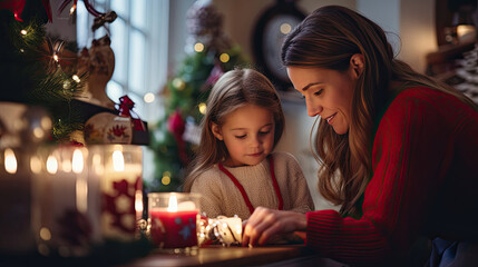 Obraz na płótnie Canvas Mother and daughter arrange candles on festively decorated mantle creating inviting holiday ambiance