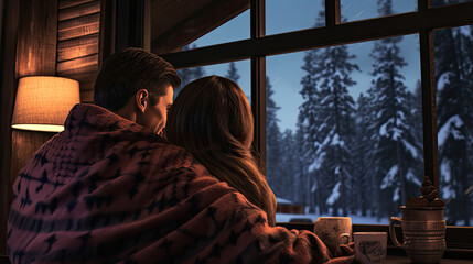 Warmly wrapped couple sipping cocoa watching snow fall outside cozy cabin window