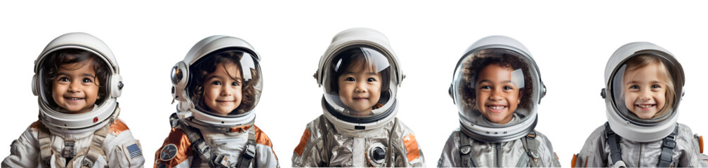 Set of different nations girl in astronaut suit isolated on transparent background, PNG