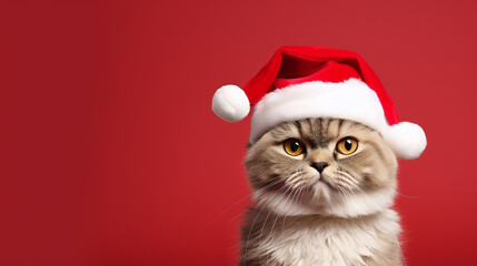 cat christmas background in green and red christmas background. generative ai