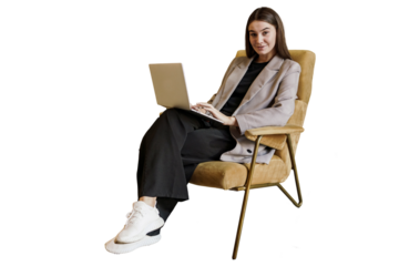 The designer uses the creative person smiles application in the office. The SMM copywriter manager is a young woman sitting in an online chair using a chat bot in an application on a laptop.    