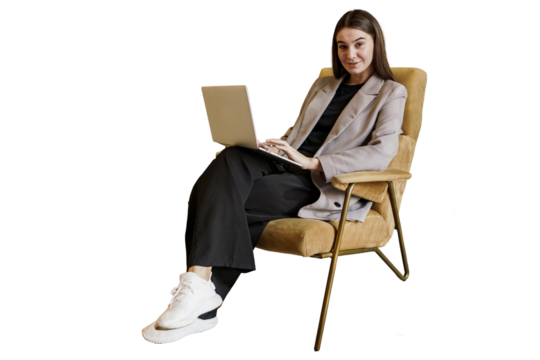 The designer uses the creative person smiles application in the office. The SMM copywriter manager is a young woman sitting in an online chair using a chat bot in an application on a laptop.    