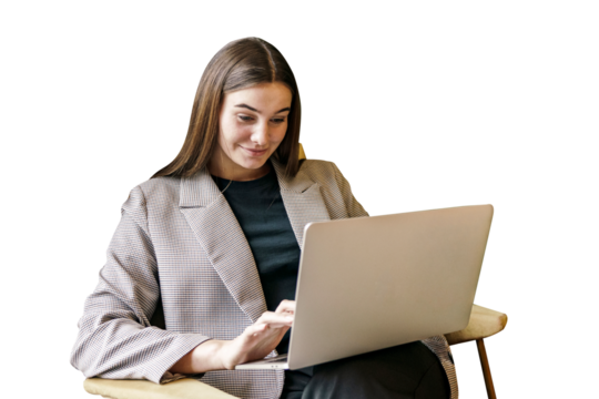 A happy administrator uses an AI chatbot to work online. A woman using a laptop is sitting in a chair in the office.  A financier in office clothes smiles.  Transparent background.