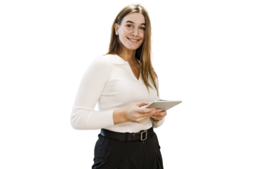 A female student studying online in the app is smiling in office clothes. A creative designer uses a tablet in the office and works online on the website.  Transparent background.