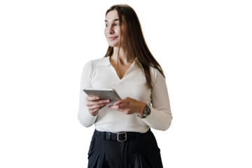 A female freelance copywriter smiles in office clothes. A creative designer uses a tablet in the office and works online on the website. The student smiles and uses a device.  Transparent background.