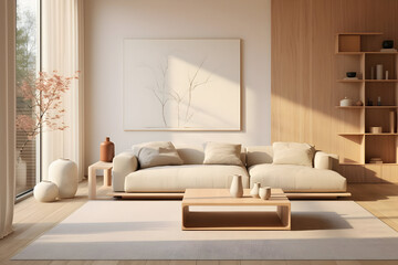 A Japandi Living Room Interior Featuring a Cozy Beige Couch, Exemplifying Modern Minimalist Design in an Elegant Apartment