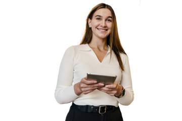 The manager uses a tablet in the office, works online on the website, a female copywriter smiles in office clothes. A young student smiles using a device.  Transparent background.