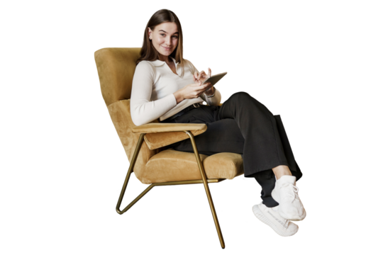 A young female student is sitting in an online chair using a chat bot in an app on a tablet. The designer is a creative person smiling in the office. Transparent background.
