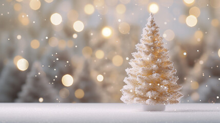 christmas background focused on christmas tree on the white and gold beautiful bokeh background. Generative ai