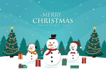 vector merry Christmas with happy snowman in winter