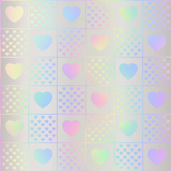 Heart seamless pattern. Repeating holographic texture. Repeated iridescent background for design girls prints. Repeat hologram hearts printed. Abstract metallic foil printing. Vector illustration