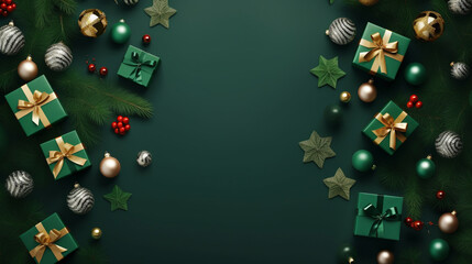 Christmas ornament lay top on green and gold background. Generative ai