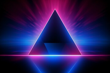 Abstract neon background with bright interacting neon triangle and dynamic stripes in modern ultraviolet lighting. Blue pink spectrum. 3D illustration. Generative AI - obrazy, fototapety, plakaty