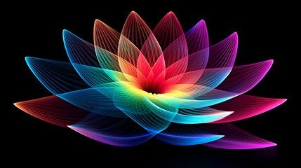 Abstract colorful neon flower on black background. Digital illustration. - 663243711