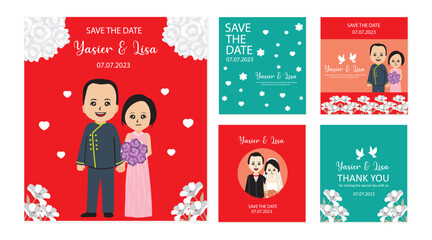 Wedding invitation cards with cute cartoon bride and groom. Vector illustration